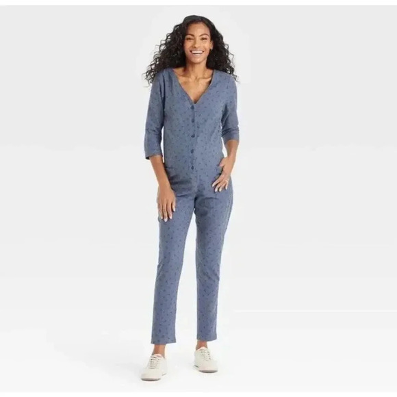 The Nines by HATCH 3/4 Sleeve Button-Front Maternity Jumpsuit Indigo Floral M - Picture 1 of 9